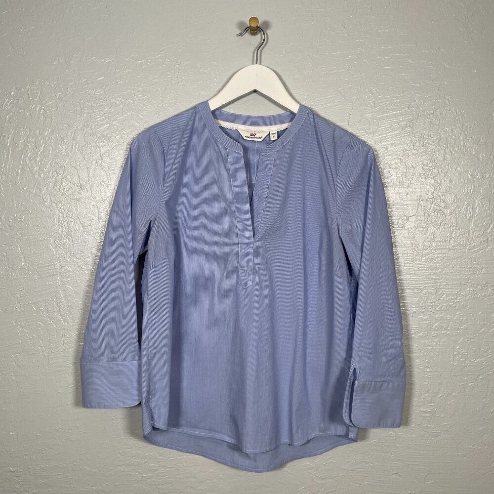 Vineyard Vines Women S Blue White Stripe Popover Blouse Split Neck Preppy